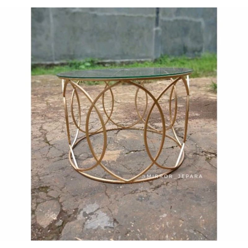 meja ruang tamu bulat industrial top kaca,meja kopi  aesthetik