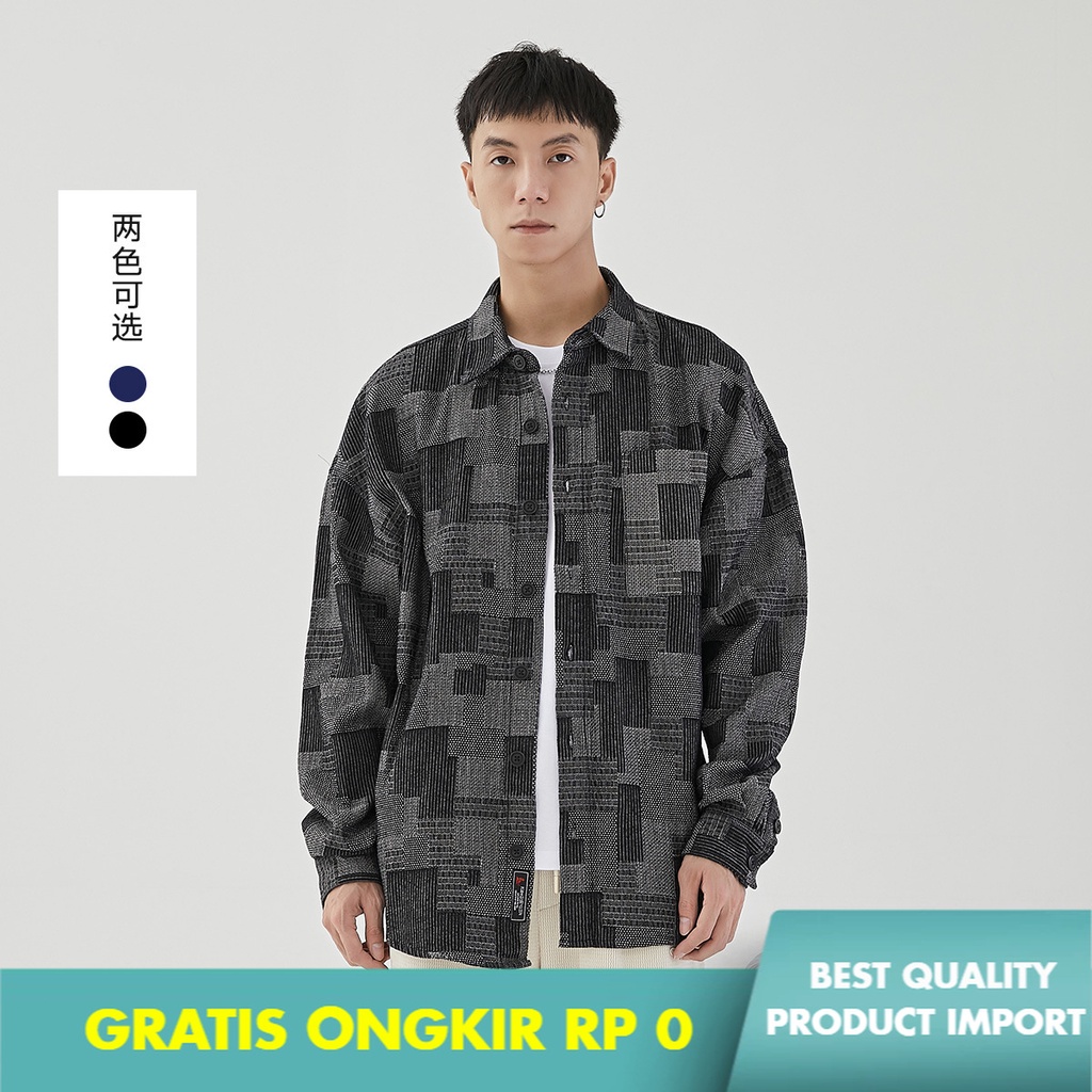 Kemeja Pria Yizhi      Korea Tren  Kotak-kotak Denim Kemeja Pria Kasual Jaket Impor