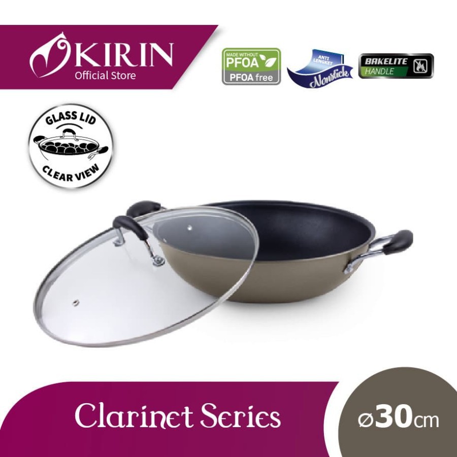 Kirin CLARINET Wok Wajan Penggorengan + Tutup Kaca 30 Cm Anti Lengket Classic