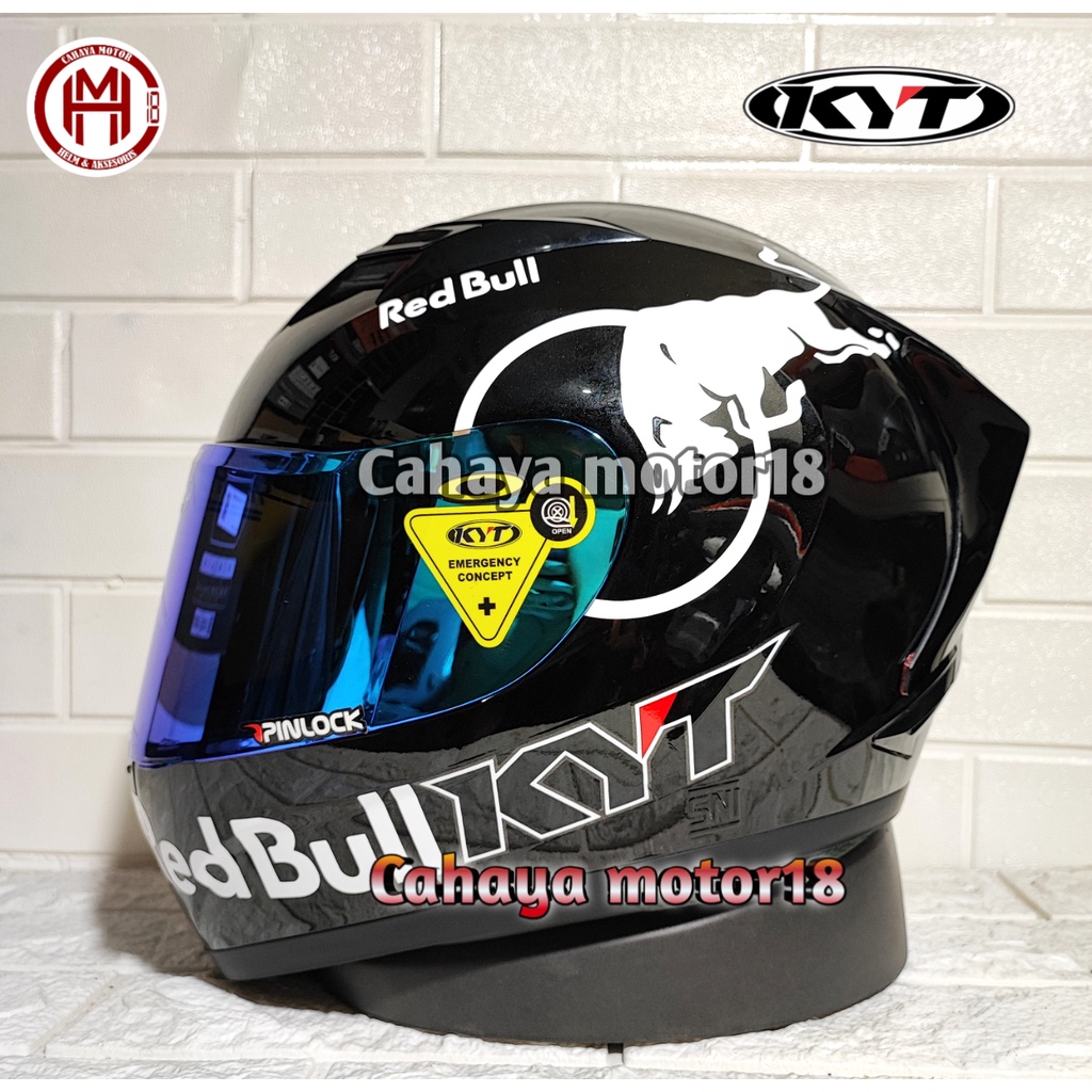 PAKET GANTENG HELM KYT R10 BLACK GLOSSY CUSTOM REDBULL | FULL FACE
