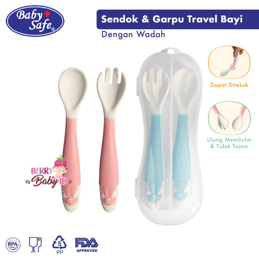 Baby Safe Bendable Spoon &amp; Fork Sendok Garpu Bayi Travel dengan Wadah BBS081 Berry Mart