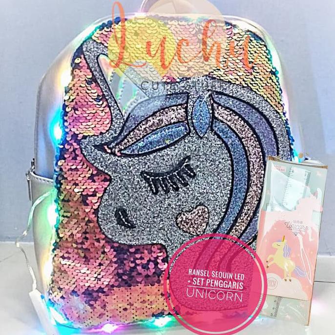 

✨ BISA COD✨ ransel sequin LED plus set penggaris unicorn BERGARANSI Kode 576