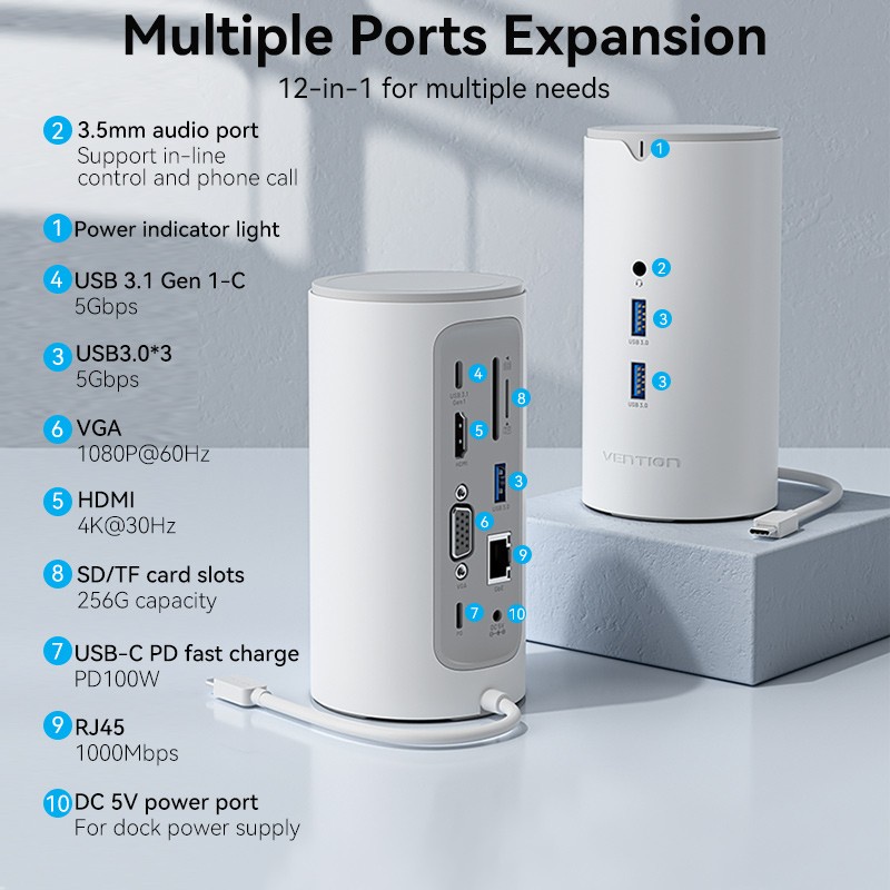 Vention Multiport Vertical Docking Usb Type C 3.1 HDMI VGA PD RJ45