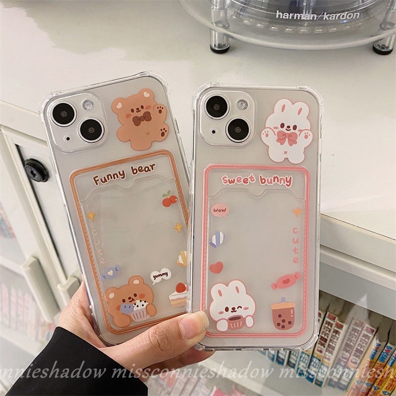 IPHONE Couple Soft Tpu Sweet Bunny Dompet Slot Shockproof Phone Case Kompatibel Untuk Iphone7 8 6 6s Plus XR X XS Max 11 12 13 14 Pro Max SE Tas Kartu Bening Beruang Lucu Imut Anti Jatuh Cover