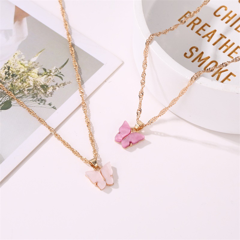 New Fashion Butterfly Pendant Necklace Korean Style Sweet Color Butterfly Necklace Acrylic Clavicle Chain