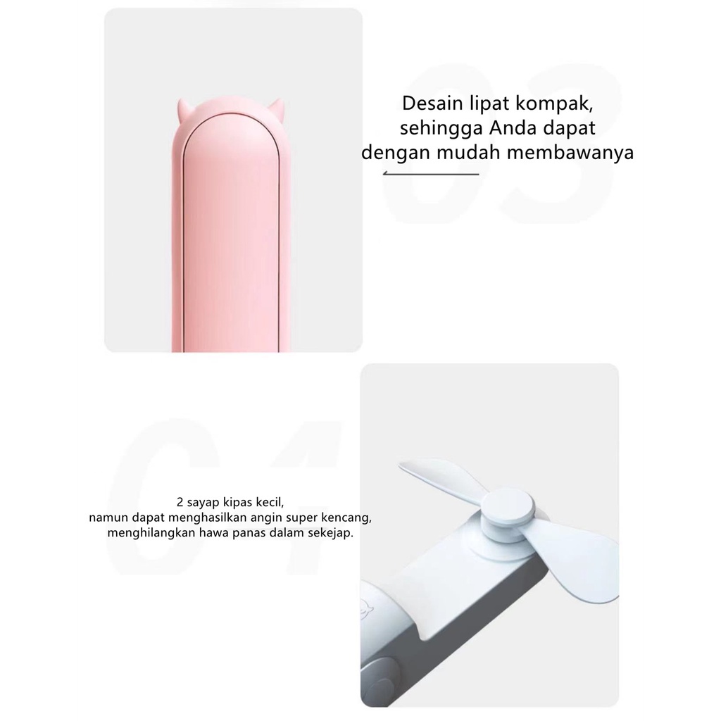 Kipas Senyap Genggam Mini Portabel Kapasitas Baterai 2000mAh Kipas Lipat Isi Ulang USB dengan Senter