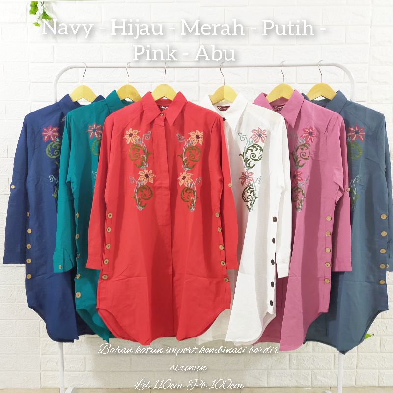 BORDIR PUTIH KATUN WANITA BORDIR SULAM STRIMIN FASHION TERBARU PAKAIAN CEWEK JUMBO BIG SIZE KUDUS PA