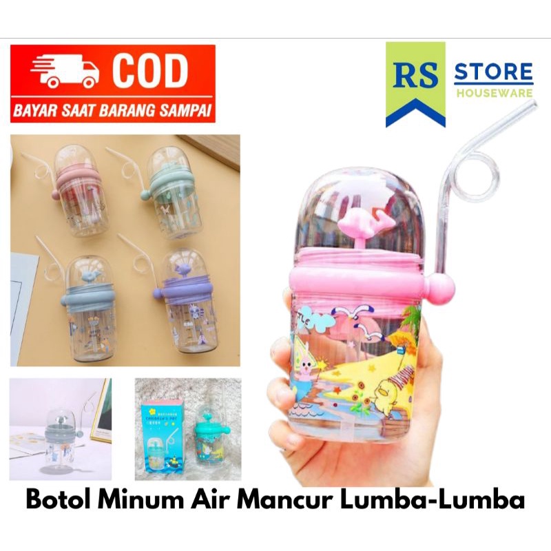 COD botol minum lumba-lumba air mancur anak sedotan plastik BPA free motif warna-warni tutup+dus