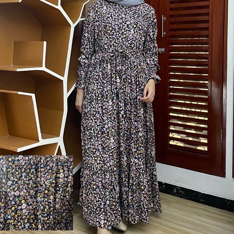 [SIZE STANDAR VOL 1] Floral dress maxi dress panjang gaun casual bunga wanita-Black orange