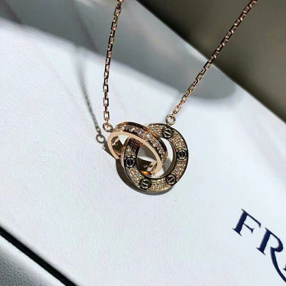 Klasik 18 K Rose Gold Kalung Cinta Ganda Cincin Seri Kalung Penuh Berlian Klavikula Rantai