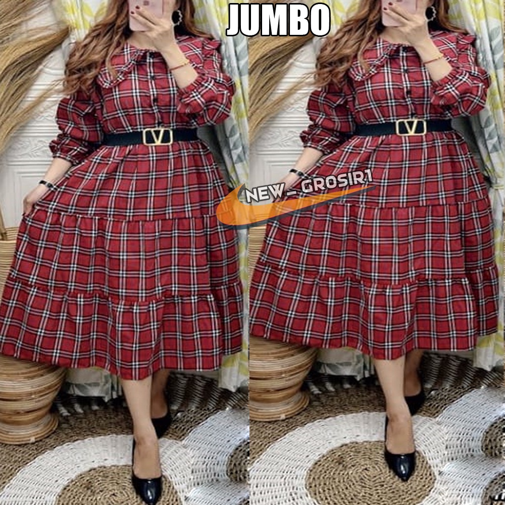 Big size midi dres jumbo motif burberry wanita lengan panjang kekinian 2022