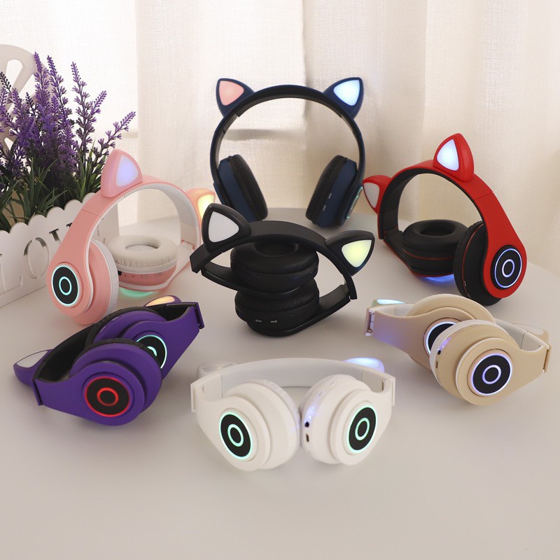 CAT EAR HEADPHONE KUCING HEADSET WIRELESS GAMING BASS BT CT-86 PINK BLUETOOTH HEADSET With LED Light