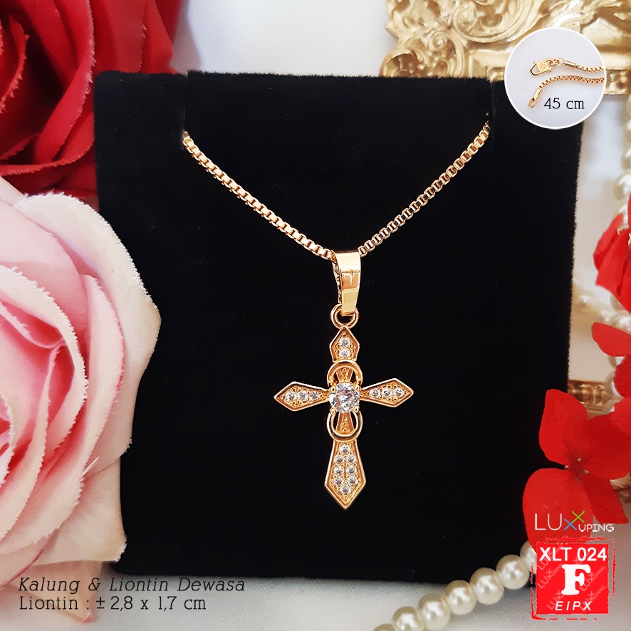 XLT 024  Kalung Salib Yesus Kristus Permata Zirkon Perhiasan Imitasi Lapis Emas 18K Aksesoris Rohani Kristen Katolik Rosario Luxx Xuping