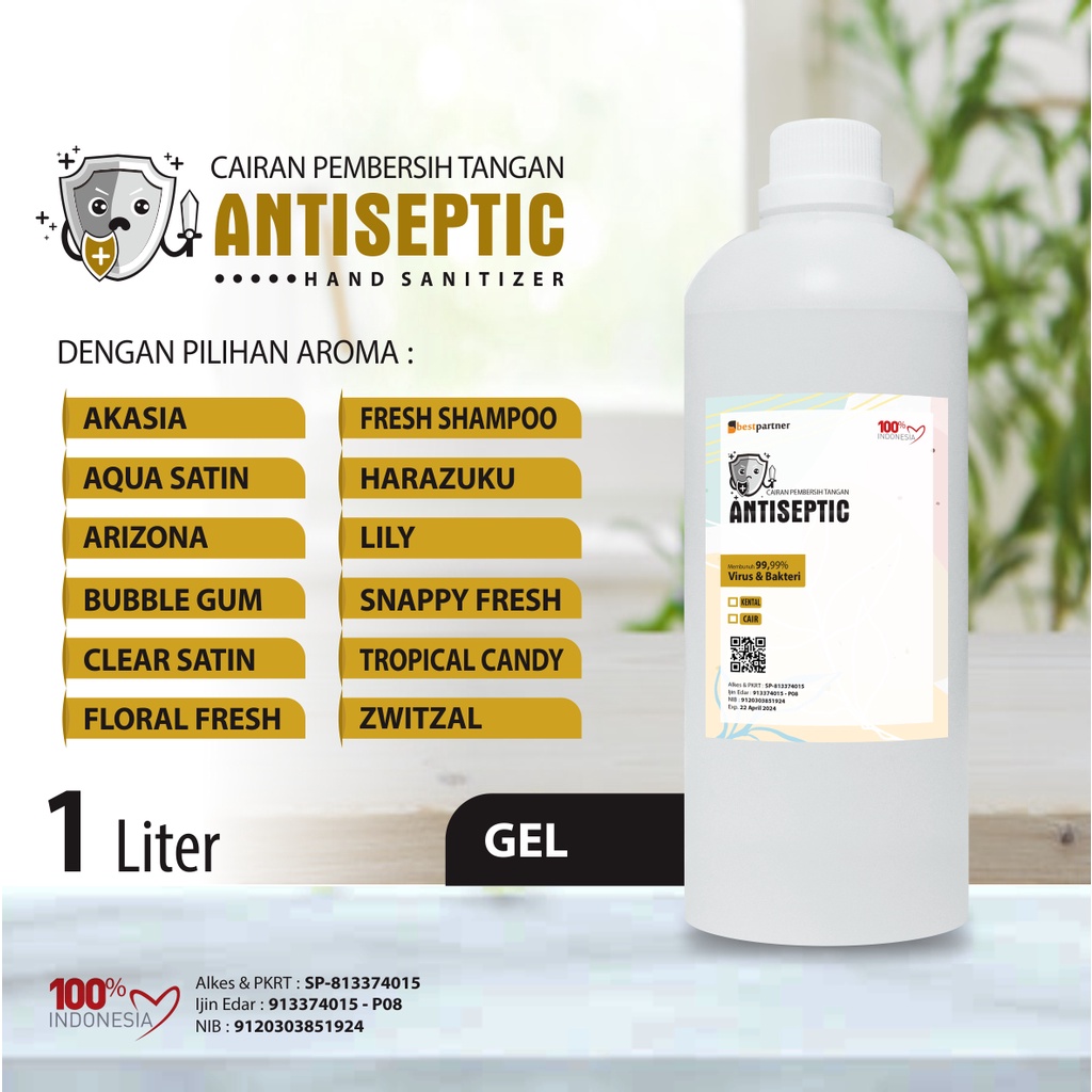 Hand Sanitizer Gel Antiseptic Variasi  Aroma Wangi Segar  1 Liter / Aroma Segar 1 Liter Botol  + Free Bubble Wrap