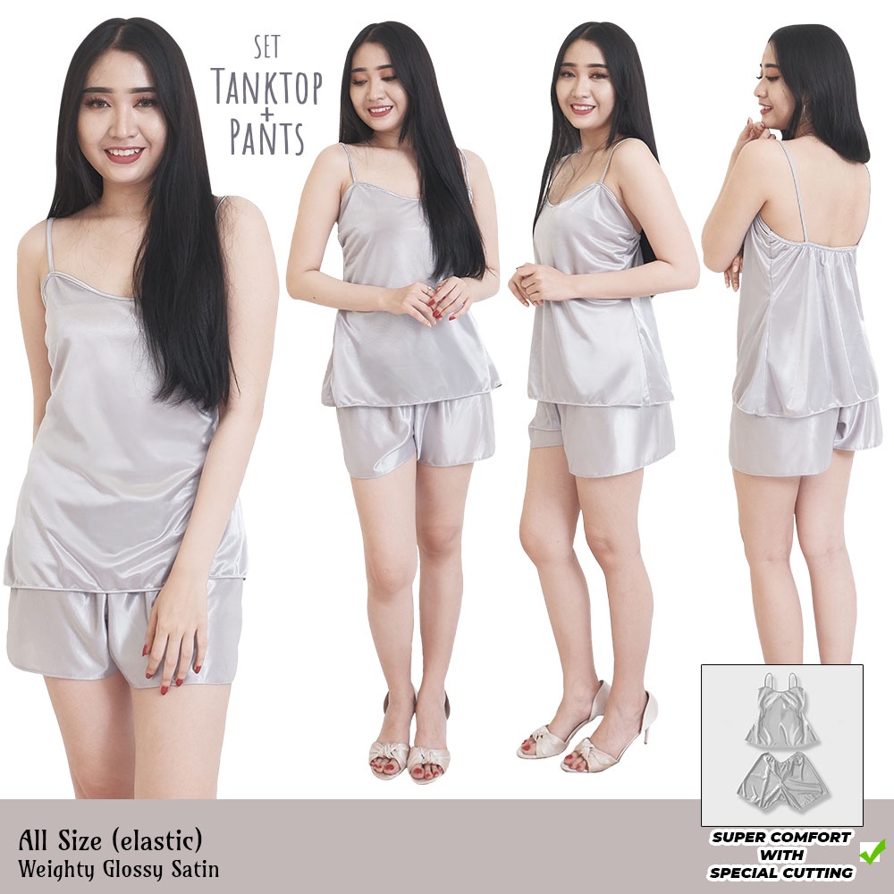 FOLVA baju tidur babydoll &amp; celana bahan satin 1469SBD silver all size