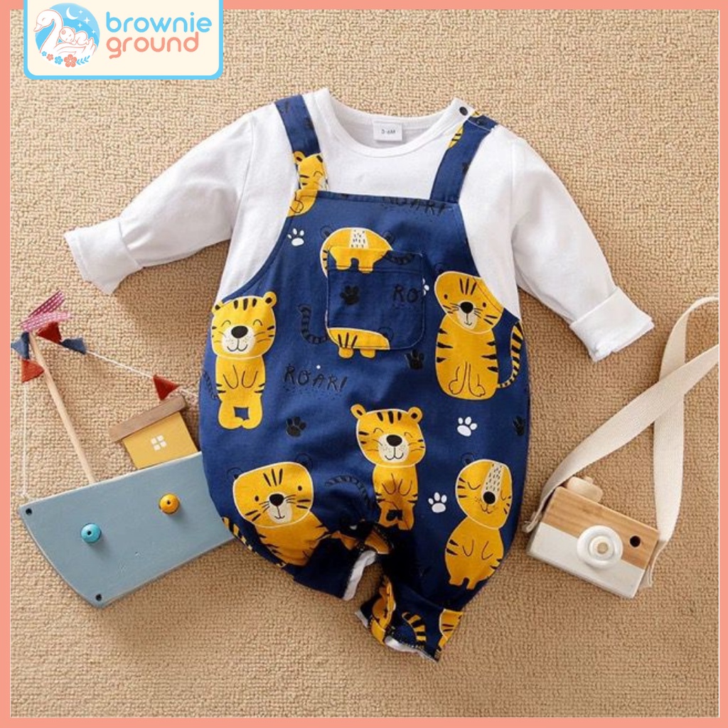 BROWNIEGROUND - Jumper bayi 0-12 bulan motif Overall tiger Navy lucu import korea / baju bayi jumper bayi lengan panjang