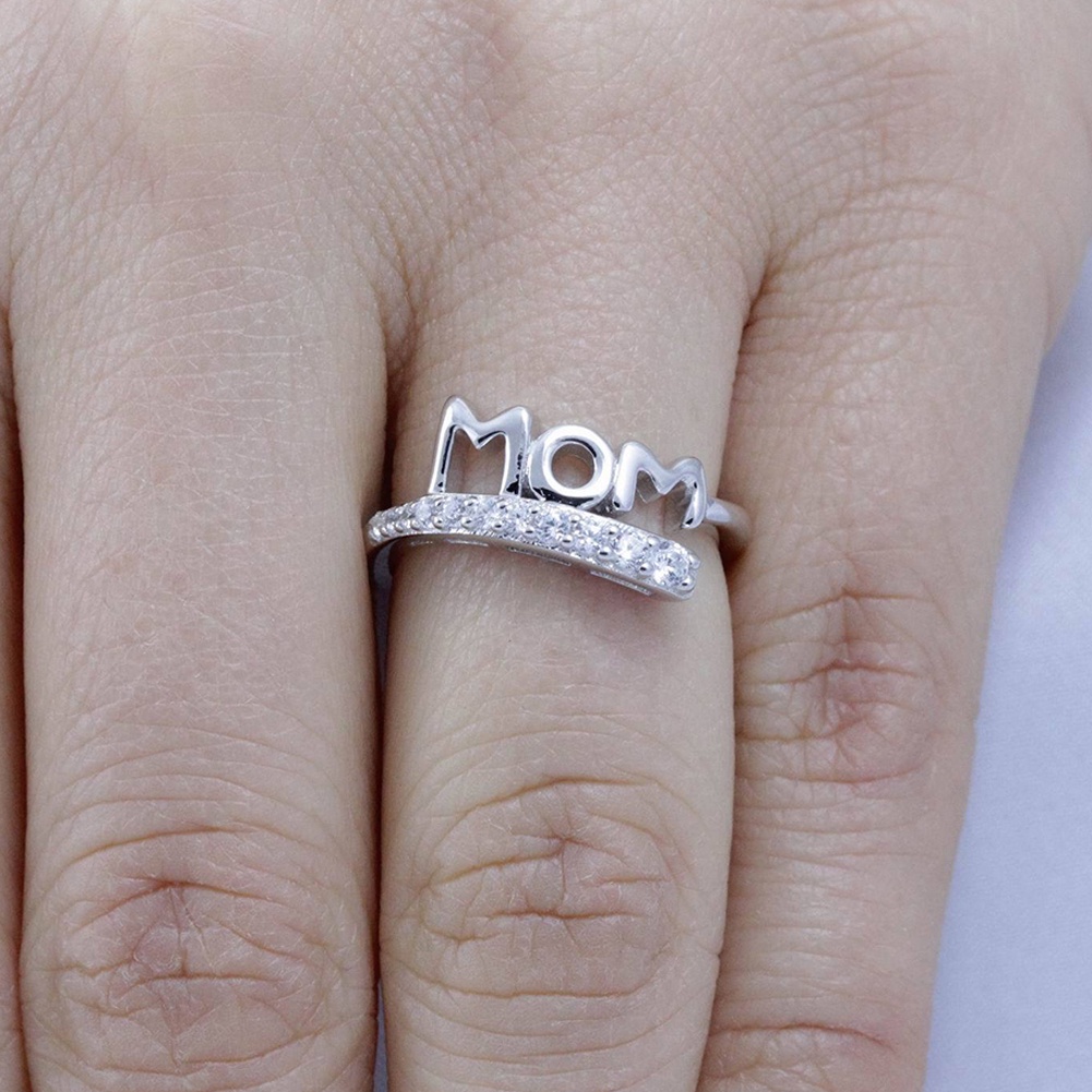 Hu Hu Hu Hu Hu Alat Bantu Pasang Kacamata♡ Cincin Desain Tulisan Mom Aksen Zirkon Untuk Hadiah Hari Ibu