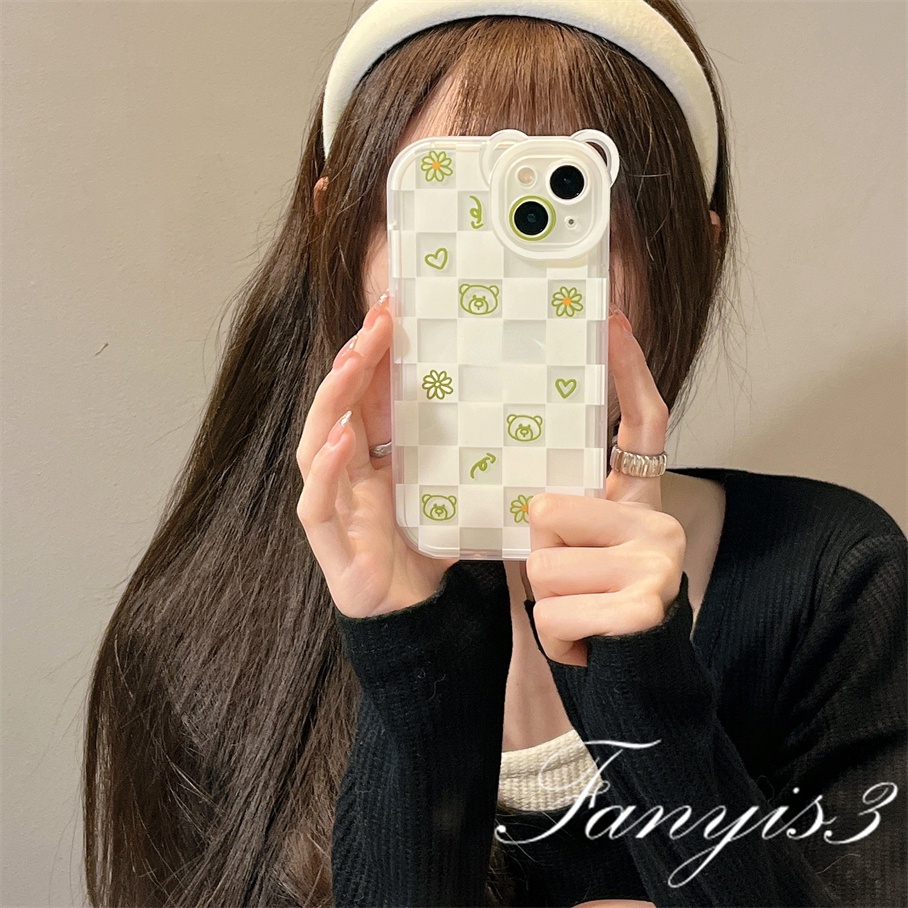 Compatible For iPhone 14 13 12 11 Pro Max X XR Xs Max 8 7 6 6s Plus SE 2020 Soft Case Pelindung Desain Telinga Kucing Kotak-Kotak Beruang Untuk