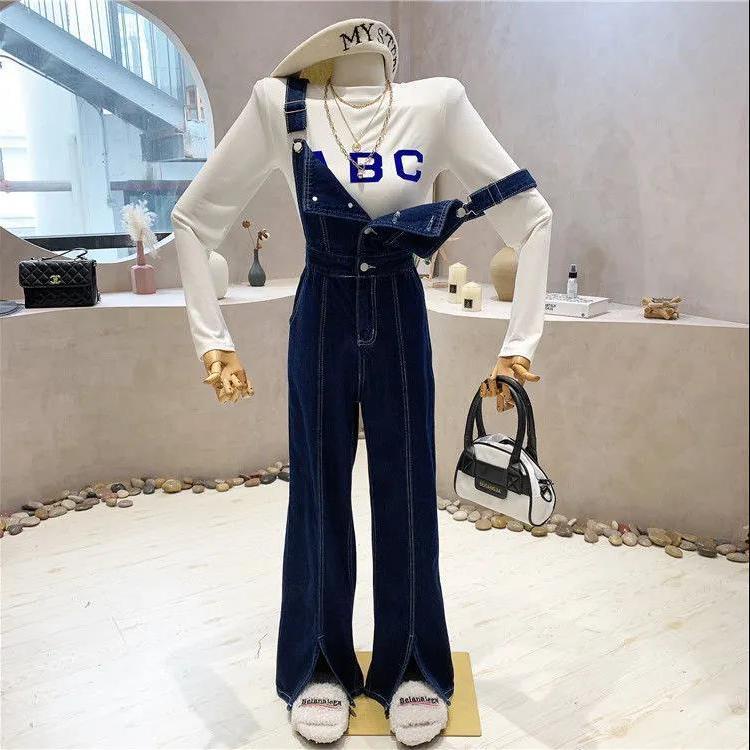 2022 musim semi baru versi Korea in menunjukkan overall denim tinggi pinggang tinggi wanita menunjuk