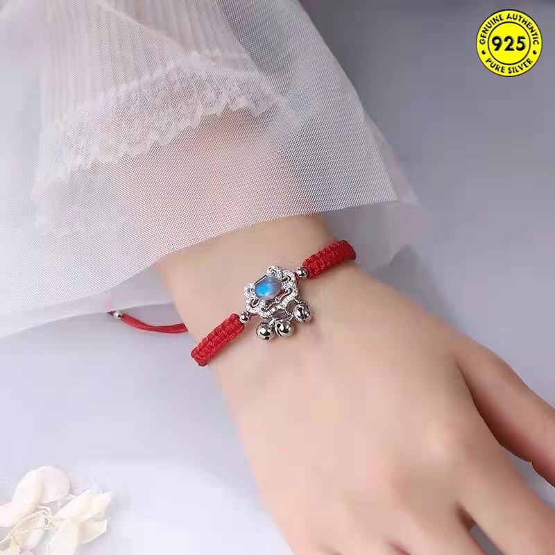 Blue Moonstone Safety Lock Woven Hand Strap Women's Heart Lock Ruyi Longevity Lock Bracelet