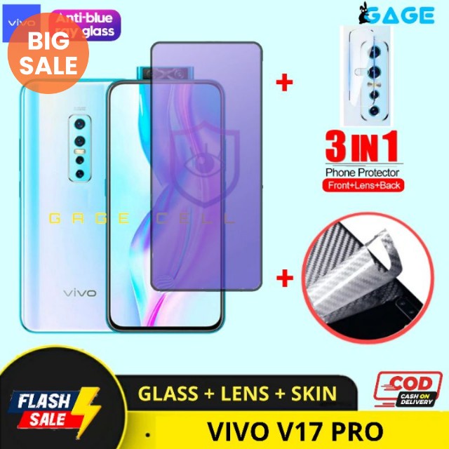 PROMO 3IN1 Tempered Glass Anti Blue Light Vivo V17 Pro Skin Kamera Belakang Vivo V17pro Full layar