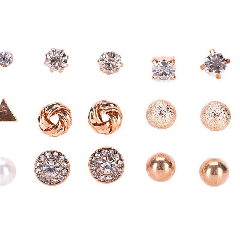 12 Pasang Stud Earring Set | Anting Wanita Korean Style Jewelry Set Alloy Steel Crystal-5