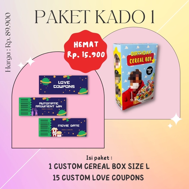 

PAKET KADO | Custom Cereal Box • Custom Kertas Kado • Love Coupon