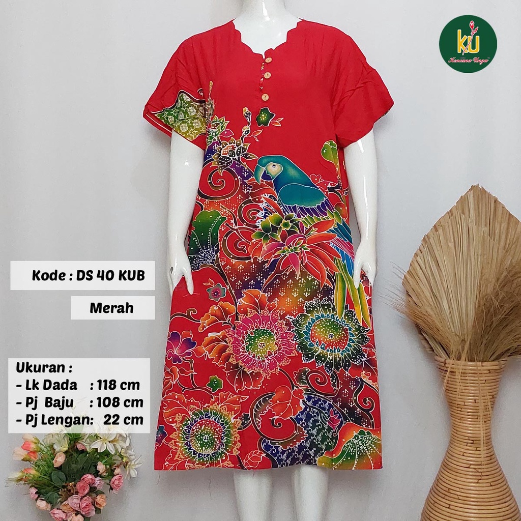COD DS40 KUB | Daster Batik Kencana Ungu Asli Label Biru Ukuran Jumbo | Baju Santai Tidur Wanita Dewasa Kancing Depan Busui Friendly Motif Terbaru-Merah D