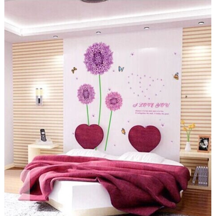 RELIZA WALLSTICKER DANDELION UNGU BUNGA FLOWERS LOVE BUTTERFLY PURPLE HOME DECOR HIASAN DINDING 9127