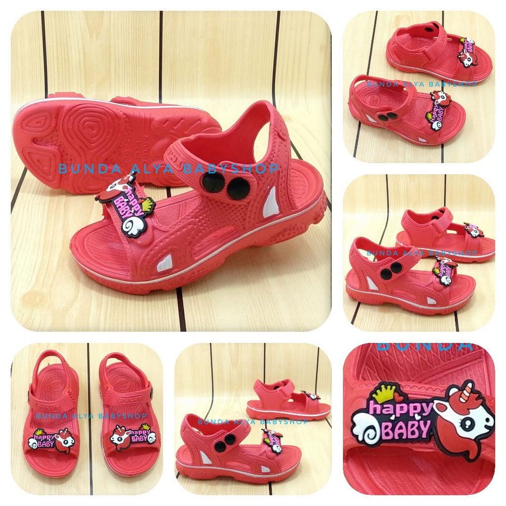 Sendal Anak Perempuan Usia 3 4 5 Tahun MERAH Happy Baby - Sepatu Sandal Karet Anak Cewek Karet Unicorn Anti Licin Size 24 - 29