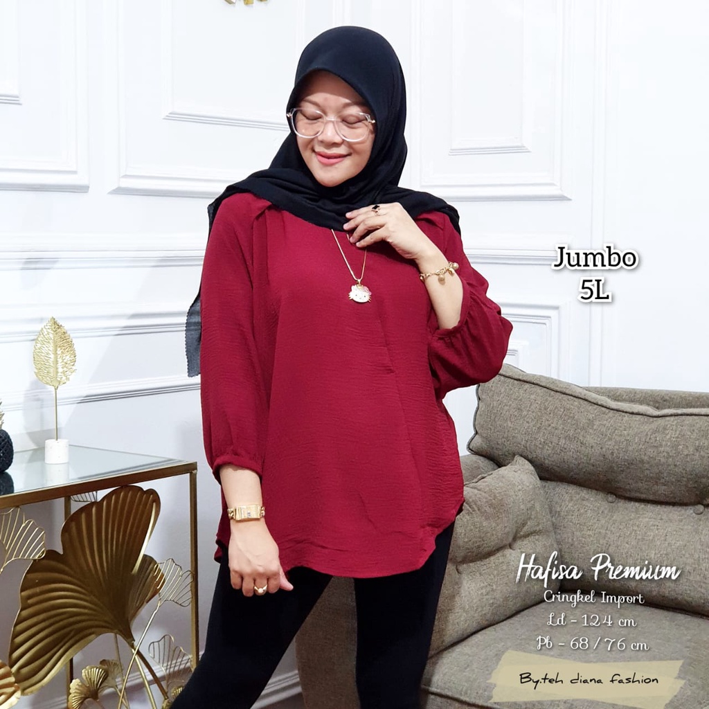 Atasan Wanita Jumbo / Baju Atasan Wanita Jumbo / Blouse Wanita Jumbo Import Hafisa Crinkle Polos Import Ld 124