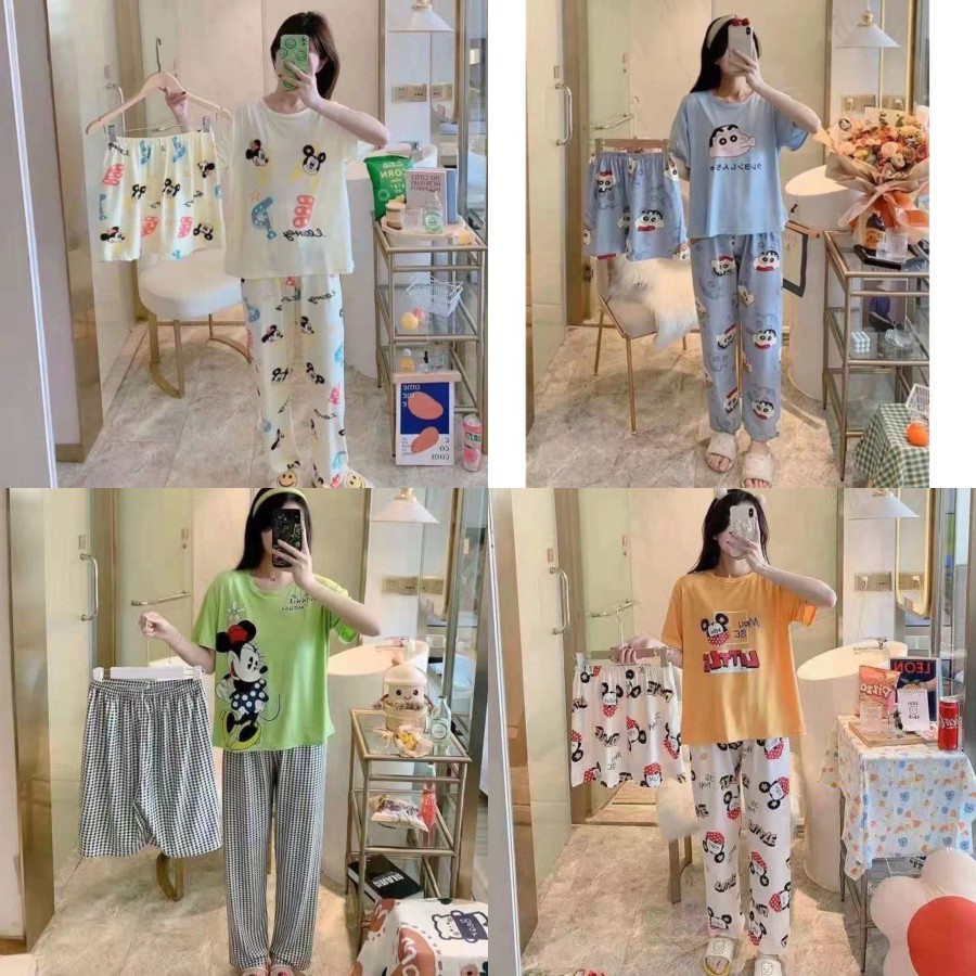 BAJU TIDUR DEWASA 3IN1 KAOS OBLONG SPANDEX IMPORT SET CELANA PANJANG