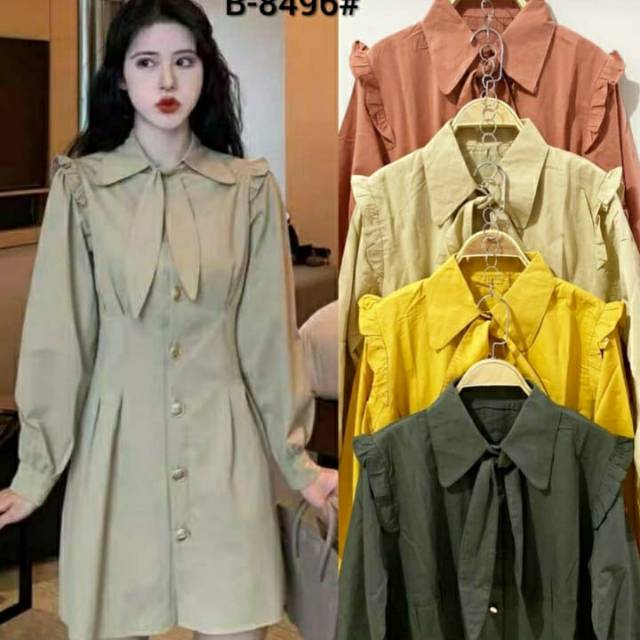 Tunik remaja wanita katun tebal import full kancing rempel lengan AV