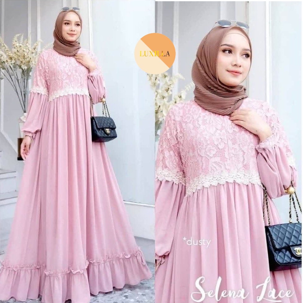 Gamis Brukat Dress Ceruty Babydoll Selena Lace Maxy Baju Busui Friendly Gamis Kondangan Jumbo Busana