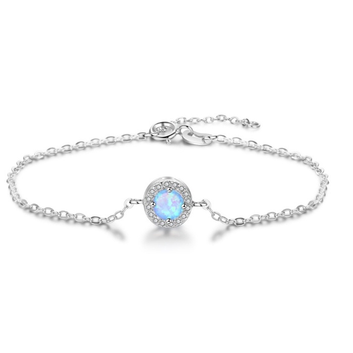 Classic 925 Silver Created Round Blue Opal Stone Bracelets for Women Cubic Zirconia Fine Jewelry Gift