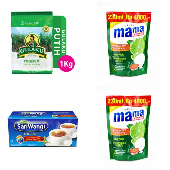 

gulaku 1000 gr + Mama lemon 2 pouch + Sariwangi 25 kantong