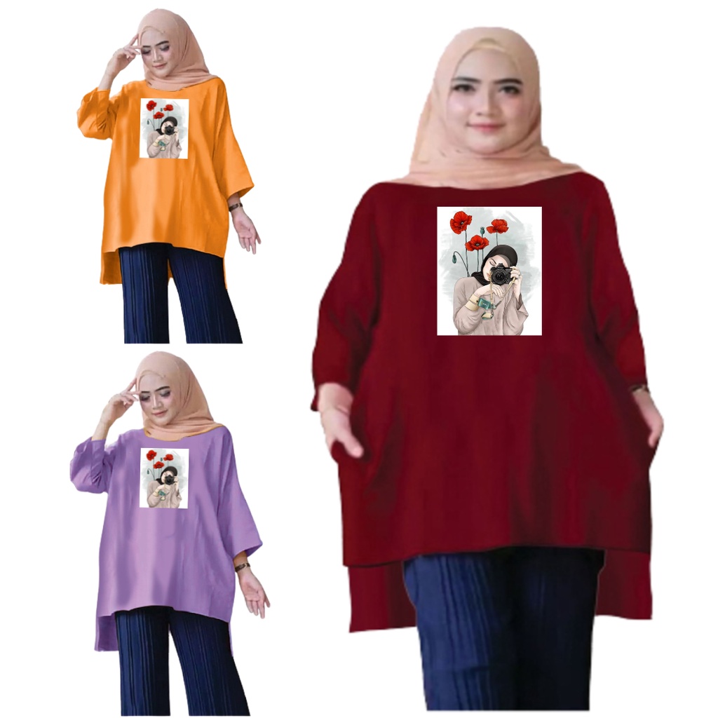 Tunik Jumbo Wanita Hijab Flower Aesthetic / Atasan Muslim Wanita XL, XXL