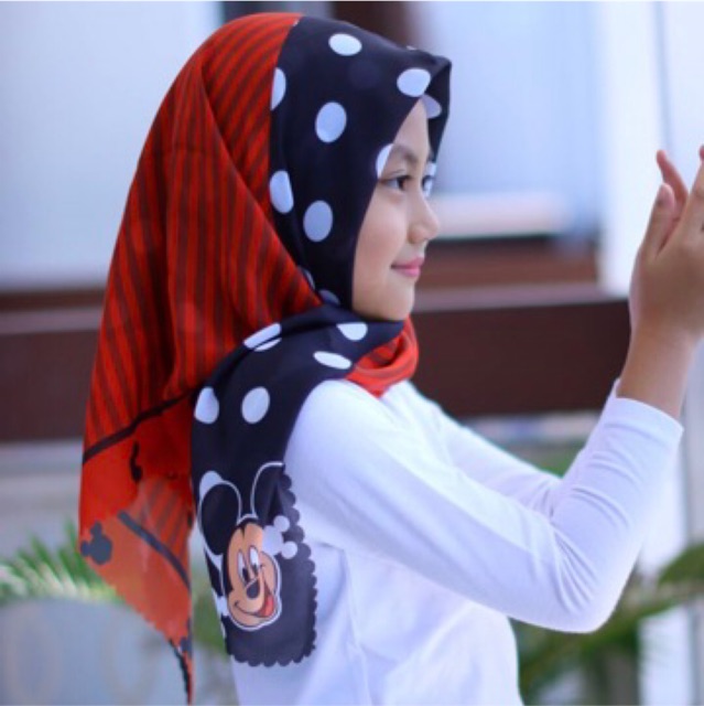 VOAL PRINTING MOTIF MICKEYMOUSE MERAH / HIJAB ANAK KARAKTER MICKEY / JILBAB ANAK LUCU