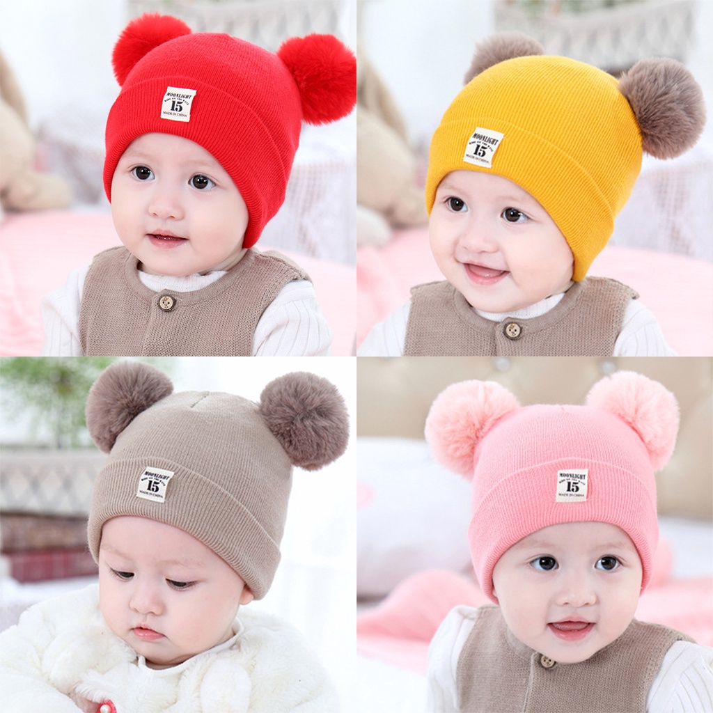 Topi Kupluk Anak Bayi Perempuan Laki Laki Premium Model Rajut Pompom Micky Beruang Border Kucing