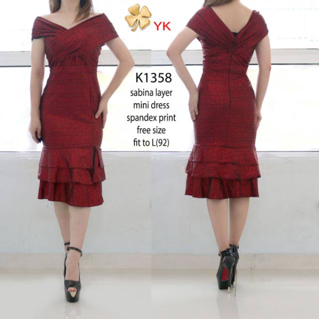 Osdress 1358 sabrina layer mini dress spandex print hijau biru merah pesta kondangan import