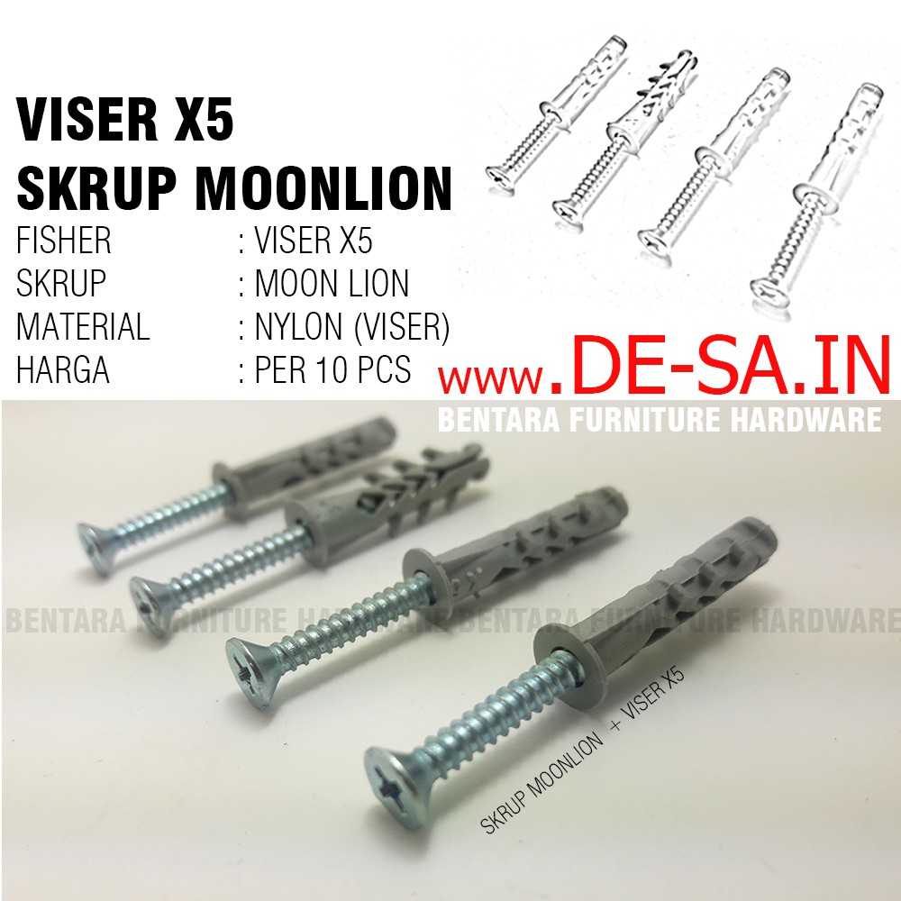 10 x Viser X5  + Screw Flat Head Moon Lion 1 1/4&quot; - Skrup Angkur Dinding Tembok Beton Bata