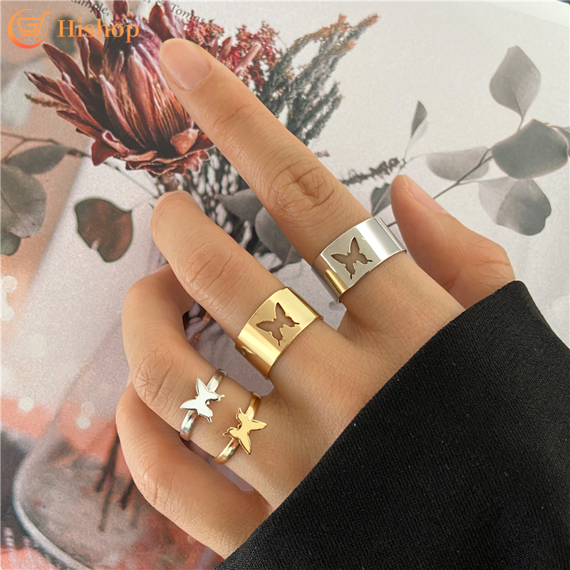 Butterfly Set Cincin Adjustable Desain Kupu-Kupu Gaya Punk Untuk Pasangan