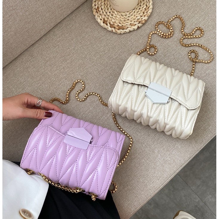 Tas Leather Premium Impor Selempang Rantai Italy Kulit Quilted Silinder Korea Pastel Lilac TAS067