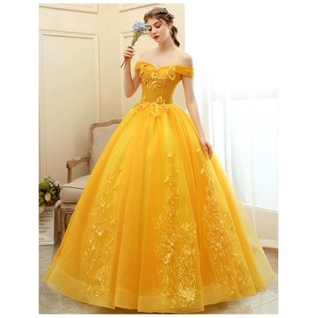 Gaun pengantin renda tebal mewah bunga 3d kuning