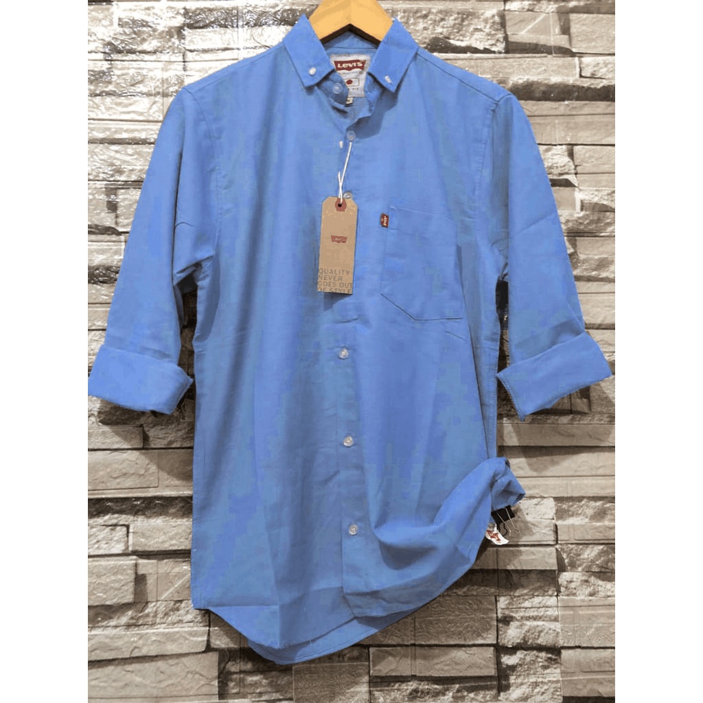 Terwuwu kemeja panjang pria cowok gatlemen cowok biru navy dongker polos formal kantor-Soft Blue