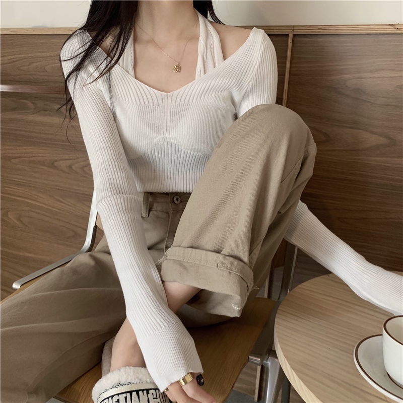 Suhao Kalung V-neck Knitwear Pakaian Wanita Musim Semi dan Musim Panas Versi Korea Baru Slim Fit Legging Knitwear Lengan Panjang Atasan