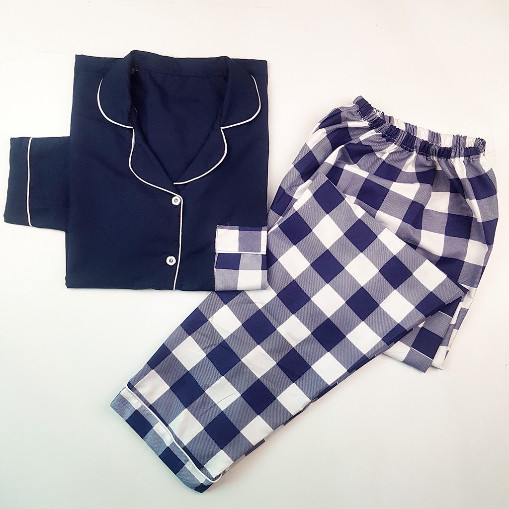 Stelan Baju Tidur Piyama Dewasa Lengan Panjang All Size Motif Lumina-PPL CATUR NAVY COMBI