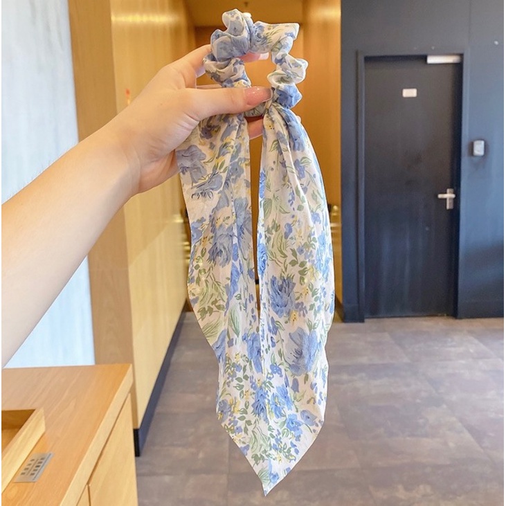 Ikat Rambut Karet Scrunchie Panjang untuk Wanita Korea Motif Bunga Bahan Halus Dalika