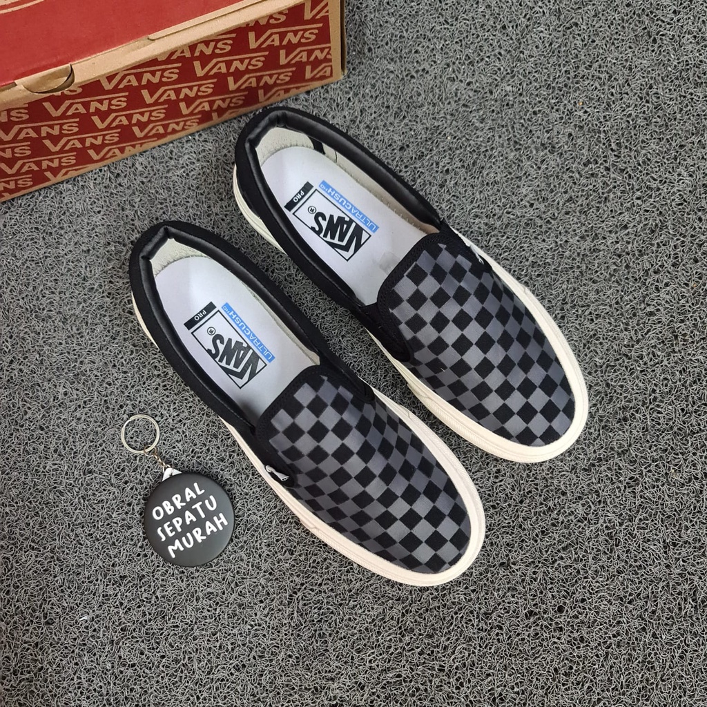 obral sepatu vans slip on vault og lx checkerboard hitam abu tanpa tali 36 43