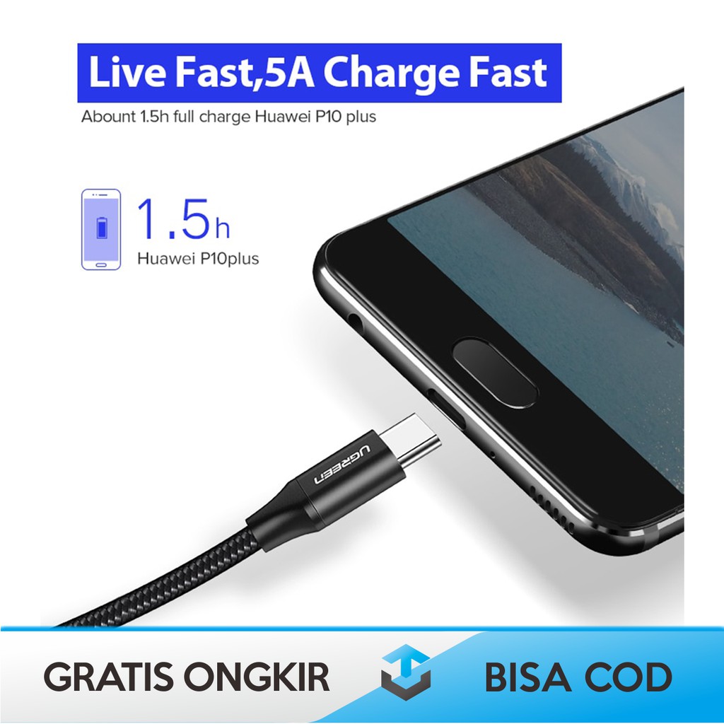 KABEL CHARGER TYPE C FAST CHARGING UGREEN 5A 1m - KABEL CASAN USB TYPE C FAST CHARGING ORIGINAL